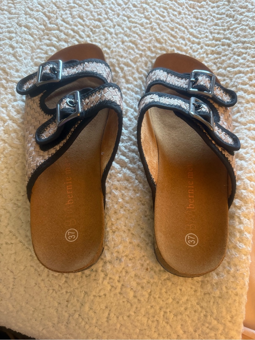 bernie mev. Silver Woven Double-Buckle Slide Sandals